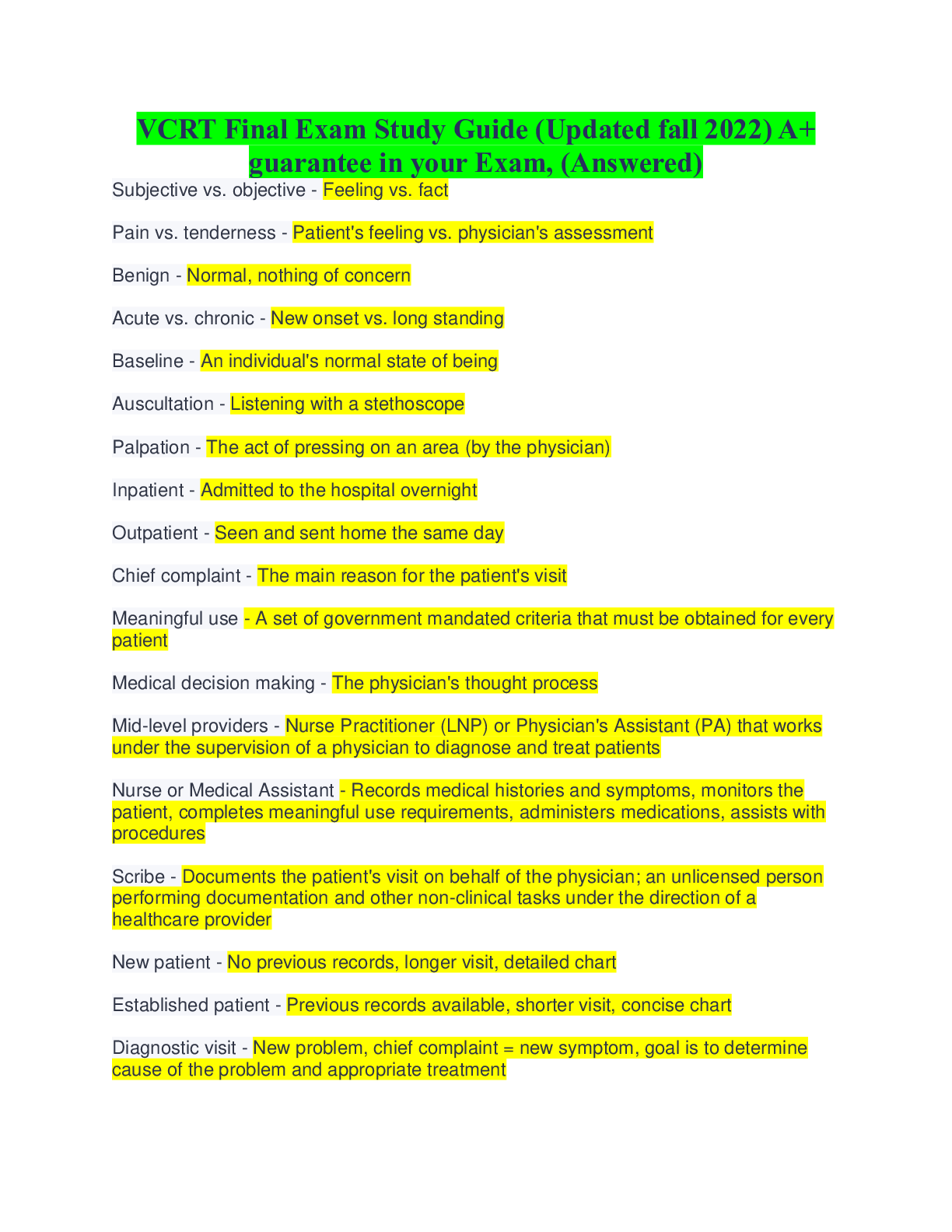Preview of VCRT Final Exam Study Guide (Updated fall 2022) A+ guarantee in your Exam, (Answered)